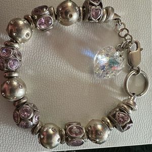 Beautiful Silver Bracelet with Large Pink Crystal Beads with Heart Charm